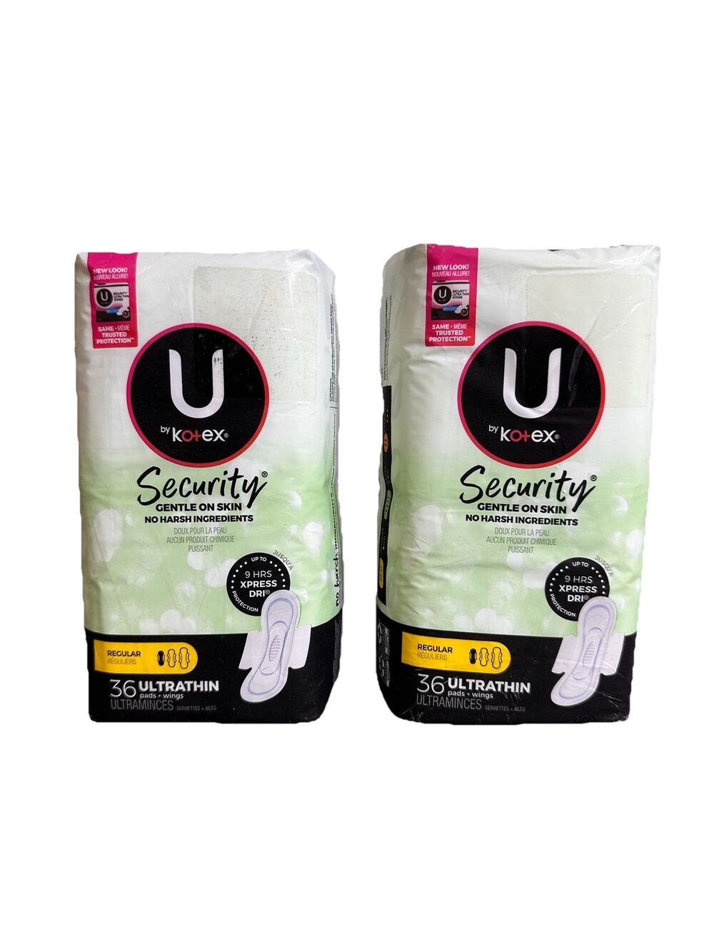 2 Packs U by Kotex Security Gentle on Skin Ultra Thin with Wings Regular 36 pads